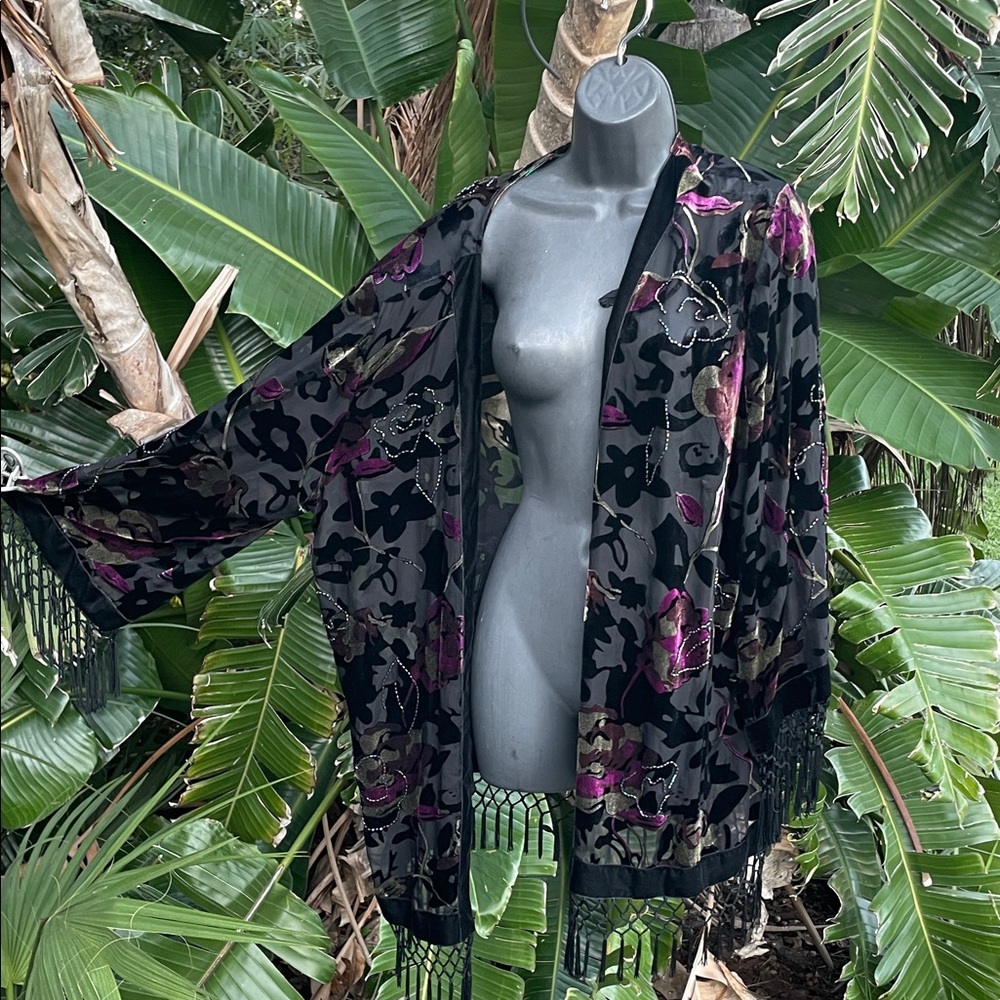 Burnout velvet, dark floral beaded, and fringe jacket
